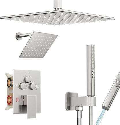 Shower Faucet Set Brushed Nickel Shower System, Ceiling Mount 12 Inch Shower Head With Wall Mount 6 Inch Shower Head and 2 in 1 Handheld Spray, Push Button Diverter Shower Valve Trim Kit