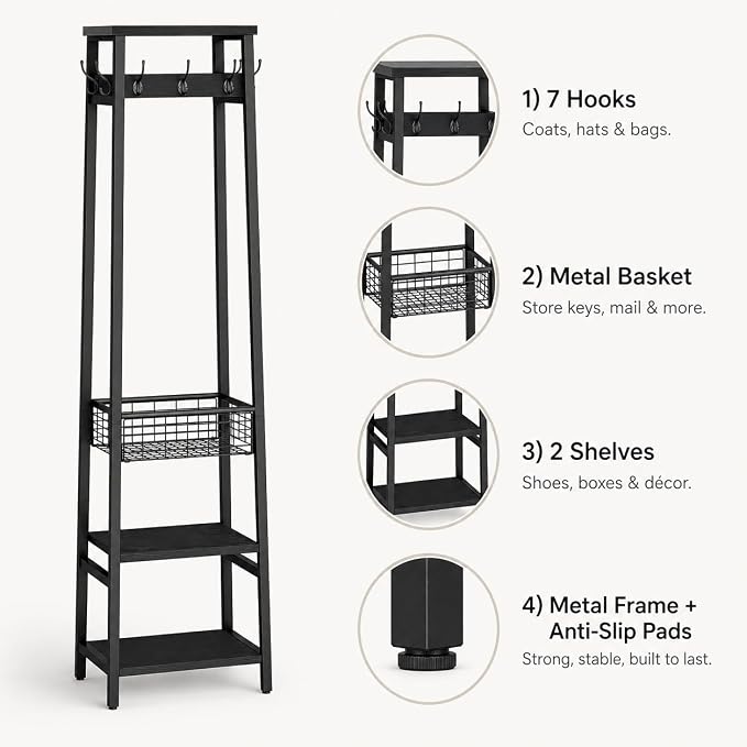 Coat Rack Freestanding, Coat Stand with Metal Basket and Storage Shelves, Hall Tree Free Standing with and 7 Hooks, Clothes Rack Stand Organizer, Black