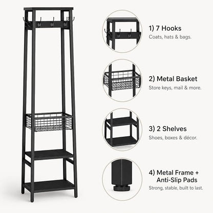 Coat Rack Freestanding, Coat Stand with Metal Basket and Storage Shelves, Hall Tree Free Standing with and 7 Hooks, Clothes Rack Stand Organizer, Black