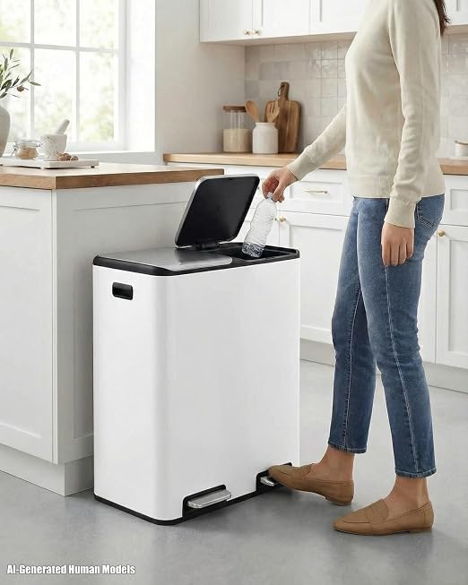 ComfyCorner 16 Gal (2 x 30 L) Dual Trash Can, Stainless Steel Kitchen Garbage Bin, Recycle Dustbin with Odor Control Box, Soft-Close Lid, Inner Buckets, Side Handle, Step Pedal, for Home Office