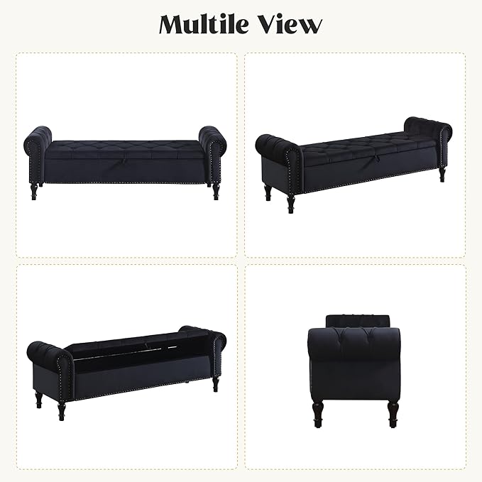 Storage Bed Bench for Bedroom, 67 Inches End of Bed Bench, Velvet King Size Bench with Arms, Tufted Button Storage Ottoman Benches, Upholstered Bench for Bedroom, Living Room, Entryway, Black