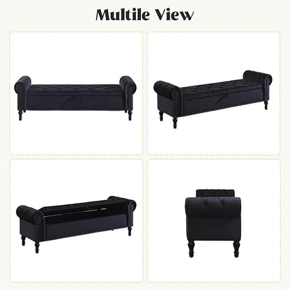 Storage Bed Bench for Bedroom, 67 Inches End of Bed Bench, Velvet King Size Bench with Arms, Tufted Button Storage Ottoman Benches, Upholstered Bench for Bedroom, Living Room, Entryway, Black