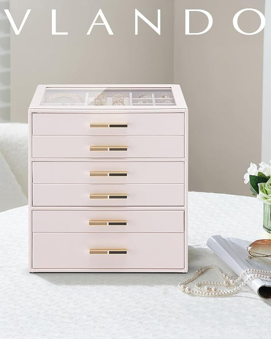 VLANDO 6 Layer Jewelry Box for Women, Glass Lid Jewelry Organizer with 6 Drawers for Necklaces Rings Earrings Bracelets - Light Pink