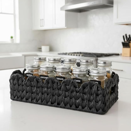 Black Toilet Basket,Scalloped Wicker Basket for Toilet Paper Storage,Small Slim Storage Baskets for Shelf,Bedroom,Living Room,Rectangle
