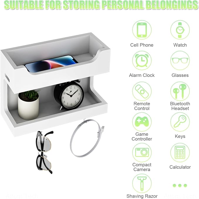 NiHome Wall Mounted Wooden Bedside Accessories Organizer, Double Tray Bedside Storage Shelf Rack with Magnetic Hooks, Bedroom Dorm RV Wall Caddy Holder for Phone Glasses Alarm Clock Remote (White)