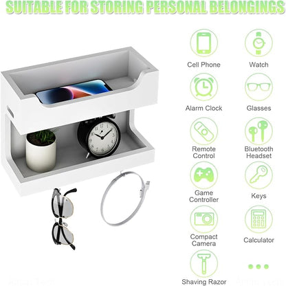 NiHome Wall Mounted Wooden Bedside Accessories Organizer, Double Tray Bedside Storage Shelf Rack with Magnetic Hooks, Bedroom Dorm RV Wall Caddy Holder for Phone Glasses Alarm Clock Remote (White)