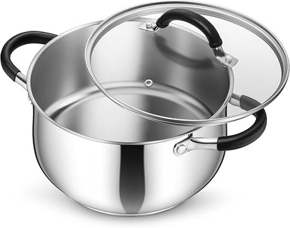 P&P CHEF Stainless Steel Stock Pot, 5 Qt Cooking Soup Pot with Visible Lid for Pasta, Tri-Ply Bottom & Dual Heatproof Handles, For Induction Gas All Stoves, Non-Toxic & Dishwasher Safe