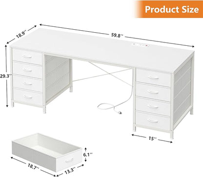 60 Inch Computer Desk with 8 Drawers, Home Office Desk with Power Outlets, Work Study Gaming Desk with 8 Fabric Drawers