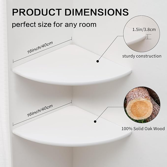 Conamily Corner Wall Shelves, White Floating Corner Shelf, Set of 2 16inch Solid Oak Wood Shelves, Round End Wall Mount Display Shelf with Wire Hole for Small Plant for Bedroom Kitchen, Living Room