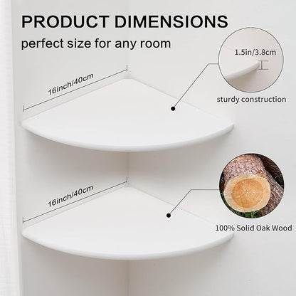 Conamily Corner Wall Shelves, White Floating Corner Shelf, Set of 2 16inch Solid Oak Wood Shelves, Round End Wall Mount Display Shelf with Wire Hole for Small Plant for Bedroom Kitchen, Living Room
