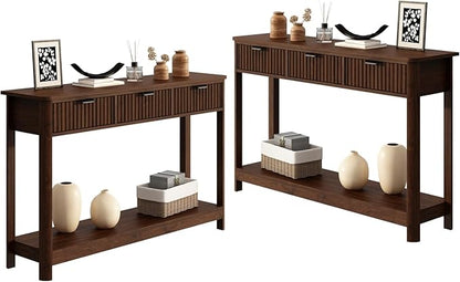 Set of 2 Console Table with Drawers, Modern 47.1" Entryway Table with Storage Shelf, Boho Narrow Skinny Behind Couch Wood Sofa Table for Living Room Hallway Entrance Foyer,Walnut