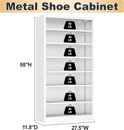 7-Tier Heavy Duty Steel Storage Shoe Rack - Adjustable Shelving Unit with Back Panel for Home, Office & Garage Use - 55" Tall Metal Shoe Organizer Shelf (White, 7 Tier-55 H*27.6W)