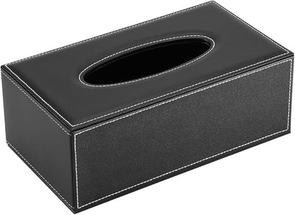 KINGFOM Rectangular PU Leather Tissue Box Cover - Facial Tissue Paper Napkin Holder for Bathroom, Home, Office, Car Automotive Decoration with Magnetic Bottom(Black)