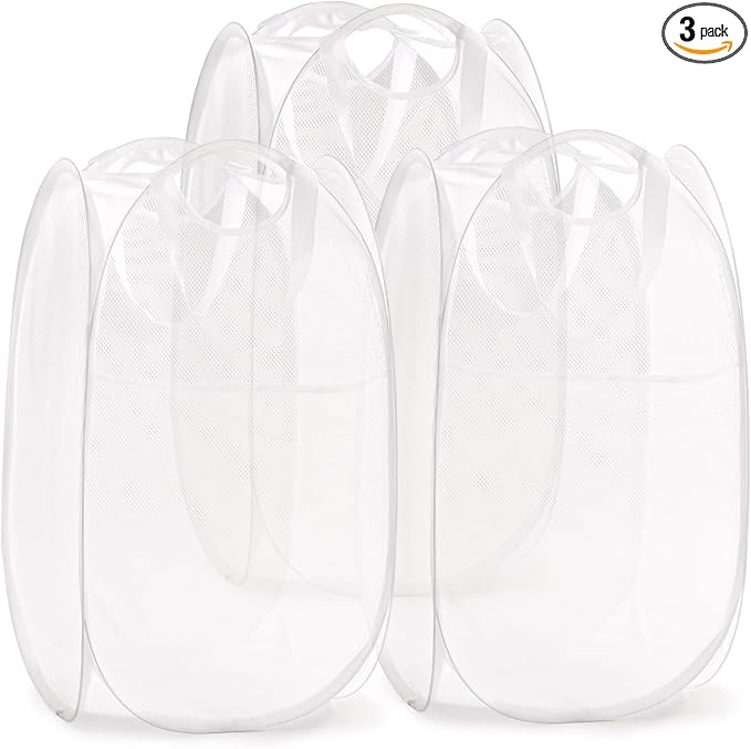 TECHMILLY Collapsible Mesh Pop Up Laundry Hamper with Sturdy Handles and Side Pocket - Portable Foldable Clothes Baskets for Dorm, Bathroom & Travel Storage (White, 3 Packs)