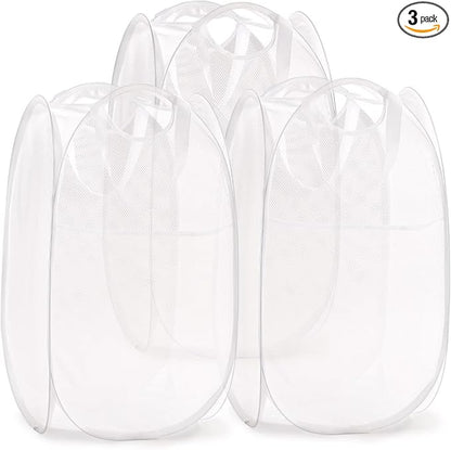 TECHMILLY Collapsible Mesh Pop Up Laundry Hamper with Sturdy Handles and Side Pocket - Portable Foldable Clothes Baskets for Dorm, Bathroom & Travel Storage (White, 3 Packs)