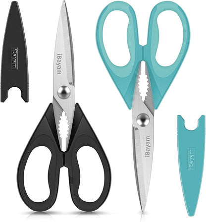 Small Kitchen Scissors 8-inch, iBayam 2 Pack Kitchen Shears All Purpose Meat Scissors Poultry Shears, Dishwasher Safe Food Cooking Scissors Heavy Duty Stainless Steel Utility (Black, Aqua Sky)