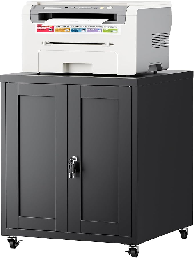 Large Printer Stand with Storage and Lock, 3D Heavy-Duty Printer Cabinet, Printer Table for Home Office with Doors and Adjustable Shelves, for Office Copier and Fax Machine, Black