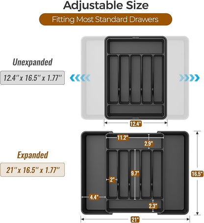 ukeetap Extra Large Expandable Silverware Organizer, BPA-Free Food-Safe Cutlery Flatware Organizer, Kitchen Utensil Drawer Organizer, Adjustable Silverware Holder for Spoons Forks Knives, Black