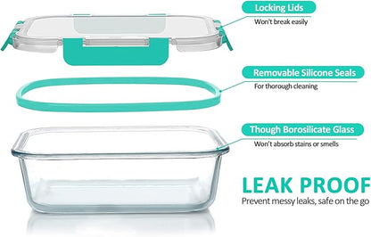 30 Pieces Glass Food Storage Containers with Upgraded Snap Locking Lids,Glass Meal Prep Containers Set - Airtight Lunch Containers, Microwave, Oven, Freezer and Dishwasher Friendly (Green)