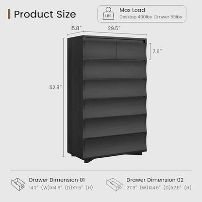 Black Tall Dresser for Bedroom, 52.8" Tall Dresser with 7 Drawers, Wood Dressers & Chests of Drawers, Accent Upright Drawer Organizers for Closet, Hallway