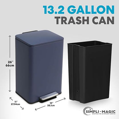 Simpli-Magic 50 Liter / 13.2 Gallon Soft-Close, Smudge Resistant Trash Can with Foot Pedal and Built in Filter- Blue