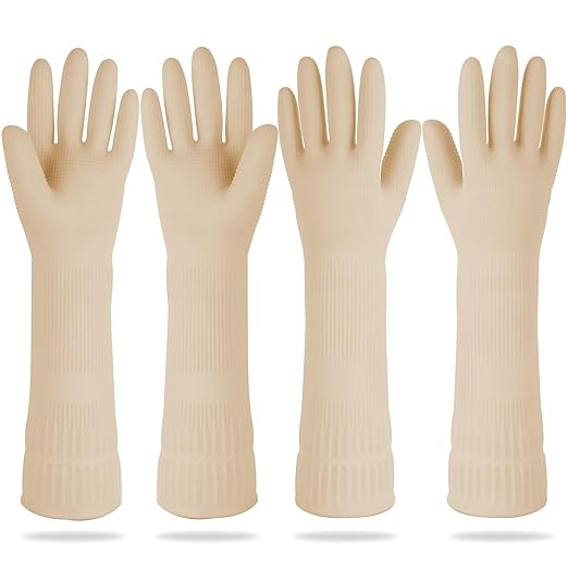 DABOGOSA Mamison 2 Pairs Reusable Waterproof Household Dishwashing Cleaning Rubber Gloves, Non-Slip Kitchen Glove (Ivory, Large (Pack of 2))