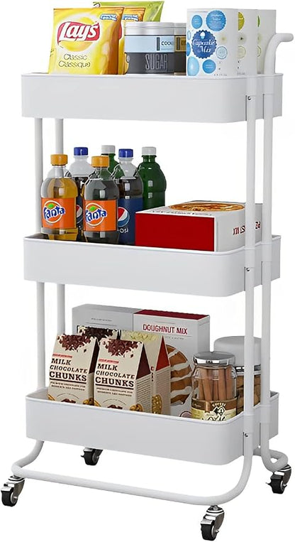 Sooyee 3 Tier Utility Cart,Rolling Cart with Handle and Lockable Wheels, Multi-Functional Storage Cart for Office, School,Living Room, Kitchen, Bathroom, Bedroom,Laundry, White