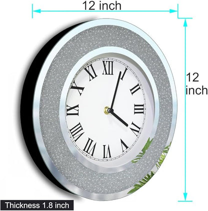 DMDFIRST Bling Silver Round Mirror Clock 12inch. Glam Sparkle Twinkle Shining Mirrored Wall Clock for Wall Decoration Silver Glass Mirror Home Decor. AA Battery is not Included.