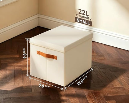 Homsorout Storage Bins with Lids - Fabric Storage Baskets for Shelves, 4 Pack Foldable Decorative Boxes with Handles, Stackable Organizer Bins for Home, Nursery, Dorm, Beige
