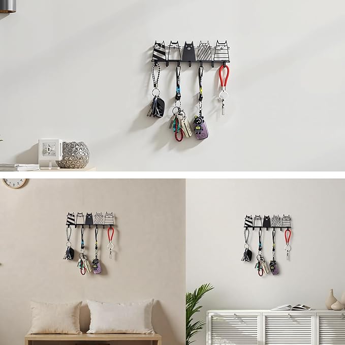 Key Holder Wall Mounted with Screws and Anchors, Black Multifunctional Key Hanger with 7 Hooks, Entryway Front Door Kitchen Hallway Garage Office