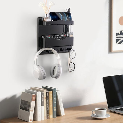 Bedside Wall Shelf with Glasses Hooks ，Adhesive Bedside Organizer Wall Mount for Dorm and Room Accessories Phone，Remote，Earphone， Kindle (Black)