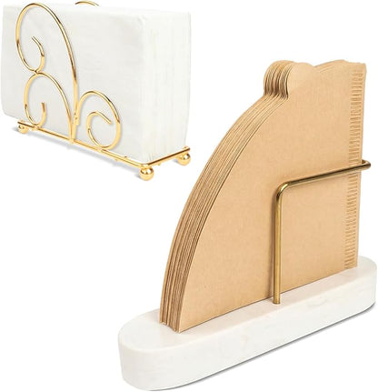 2-Pack Coffee Filter Holder & Napkin Holder Set,Coffee Filter Holders for Counter Compatible with Cone Paper Filters Size #01/#02/#04,Thick and Heavy & Anti-slip (White,Gold)