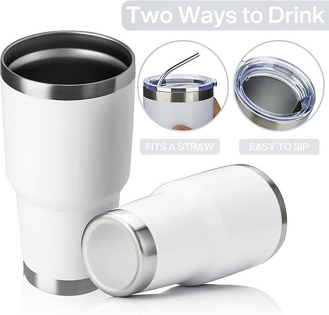 MEWAY 30oz Insulated Tumbler With Lids and Straws,Stainless Steel Double Vacuum Coffee Tumbler Cup, Brush, Durable Powder Coated Coffee Cup for Cold & Hot Drinks, Office(White,4 PACK)