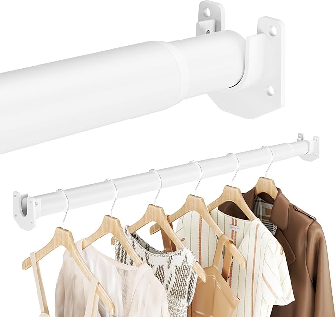 Closet Rods for Hanging Clothes, 17-84 Inch Stepless Adjustable Closet Rod, 1.3 Inch Heavy Duty Metal Clothes Hanging Rod, Expandable Closet Bar Hanger Rod for Closet Wardrobes Laundry RV White