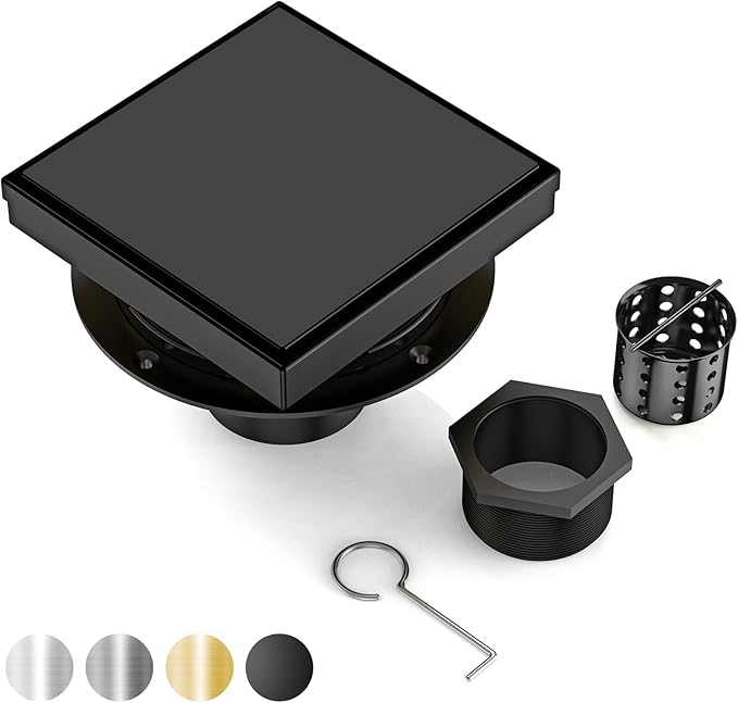 DLONE Square Shower Drain | 6 Inch AISI 304 Stainless Steel Shower Drain with Tile Insert Panel, Matte Black Shower Floor Drain in Bathroom, Balcony etc