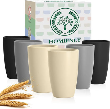 Homienly Premium Wheat Straw Cups, 20oz Lightweight and Unbreakable Drinking Cups Set of 6, Reusable Water Glasses Microwave and Dishwasher Safe Cup Set for Coffee, Milk, Juice - GreyStone