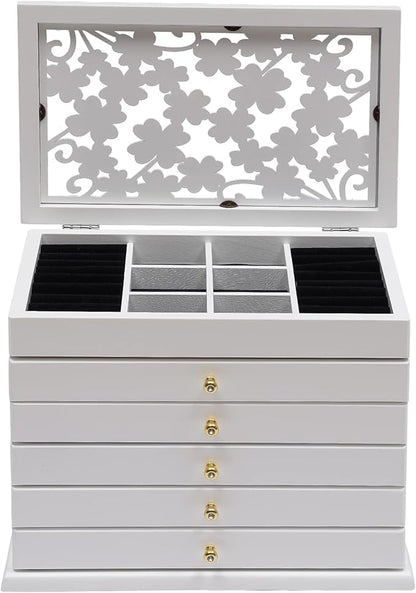 Wood Jewelry Box 6-Tier Large Jewelry Organizer Cabinet with 5 Drawers Women Girls Storage Display Case for Necklace Rings Earrings Accessories, with Mirror and Lock (Without Mirror-white)