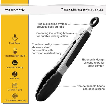 HINMAY Mini Tongs with Silicone Tips 7-Inch Kitchen Tongs, Set of 3 (Black)