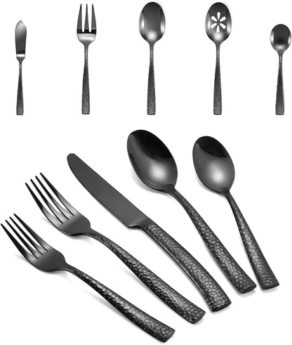 Kelenfer Silverware 65-Piece Black Hammered Flatware Set with Serving Utensils Stainless Steel Thick Handle Mirror Polished Cutlery Set for Wedding Hotel Restaurant, Service for 12
