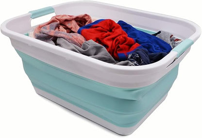 SAMMART 41L (10.8 gallon) Collapsible Plastic Laundry Basket-Foldable Pop Up Storage Container/Organizer-Portable Washing Tub, Water capacity: 32L (8.4 gallon) (Rectangular, White/Lake Green)