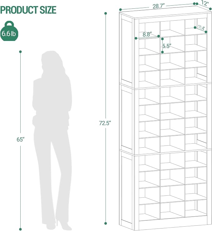 Hzuaneri Shoe Storage Cabinet, 36 Pairs Free Standing Closet Organizer, 9 inch Widened Cell Wood Shoe Organizer, 12 Tiers Vertical Space Saving Shoe Rack for Entryway, Cloakroom, White SR20703X