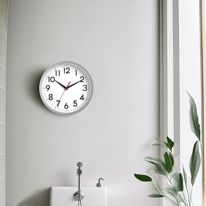 DAXSMY Wall Clock Modern Battery Operated 10 Inch Simpel Silent Non Ticking Decorative for Kitchen Office Outdoor Bedroom Living Room School Classroom(Silver)