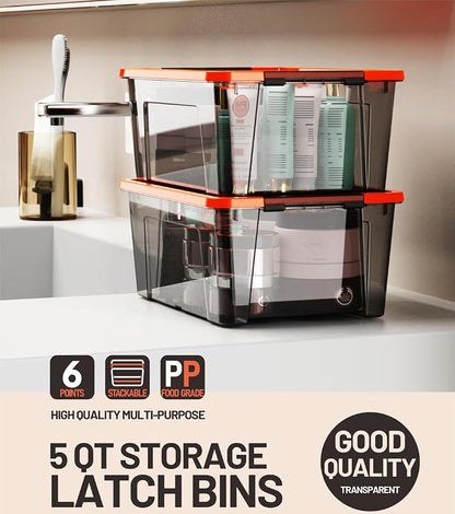 WYT 5-Quart Small Storage Container Bin with Orange Secure Lid and Black Clear Latch Buckles, Durable Plastic Stackable Nestable Organizin, 6-Pack