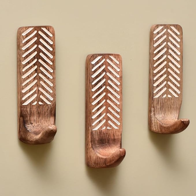 Indian Shelf Boho Decorative Wood Adhesive Wall Hooks for Hanging Coats, Keys, Leash, Hat, Towel Holder, Cute Sticky Key Holder, White and Brown Western Wall Décor (3 Hooks 6 Strips)
