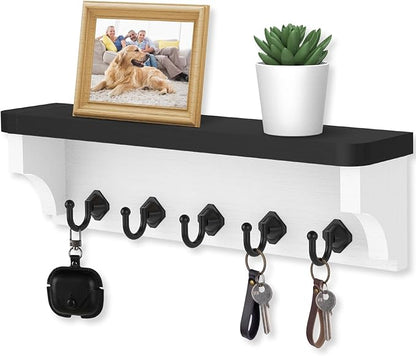 Nekon Key Holder for Wall, 11.8" W x 3.5" H x 2.8" D Decorative Key Organizer with Floating Shelf, Wall Mount Key Rack with 5 Hooks (Black)