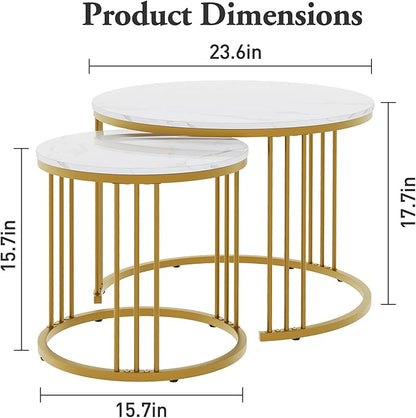 Garden 4 you Coffee Table Faux Marble Nesting Table for Small Place 2 Sets Modern Furniture Living Room Sets End Side Table Night Stand for Bed Room Dining Room (White & Gold)
