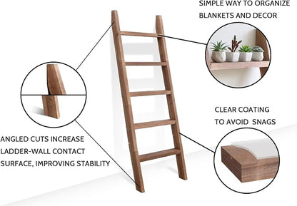 FUIN 5ft (58") Wood Blanket Ladder Living Room Decorative Wall Leaning Farmhouse Quilt Display Holder Shelf Rustic Wooden Towel Rack for Bathroom, Brown