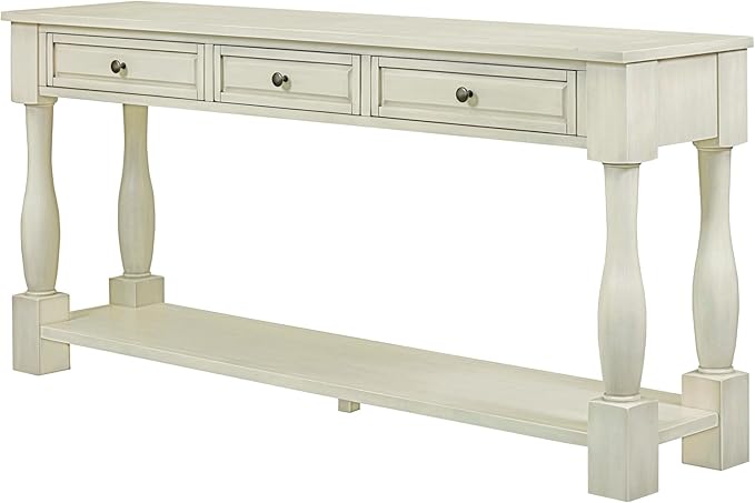 Knocbel 64 Inch Long Antique Entry Console Table with Drawers & Bottom Open Shelf, Solid Wood Sofa Couch Table for Entryway Hallway Living Room (Antique White)
