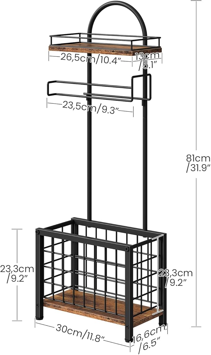 Toilet Paper Holder Stand, Freestanding Toilet Paper Holder with Shelf & Basket, Bathroom Tissue Organizer for Small Space, 3-Tier Storage for Bath Toilet Office Rustic Brown and Black TTS70BF