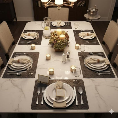 SolaraDawn Faux Leather Table Placemats Set of 6, Washable, Wipeable & Heat-Resistant Table Mats, Waterproof Dining Place Mats with Embossed Texture for Kitchen & Dining, Black, 17" × 12"